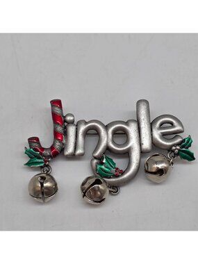 Vintage JJ Pewter Jingle Bell Christmas Brooch Pin Holly & Candy Cane Accents